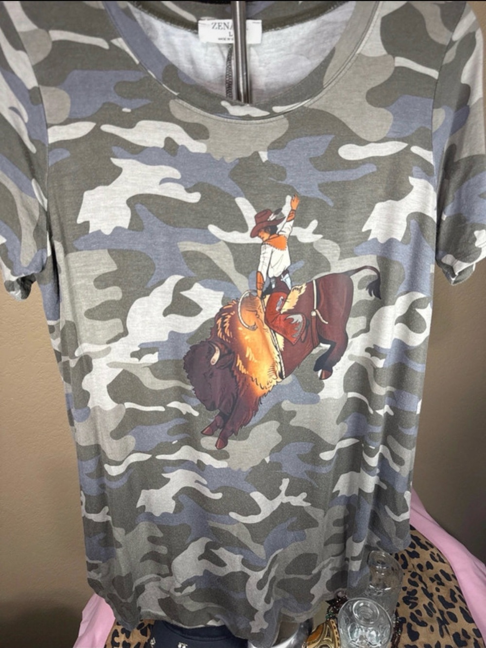 Revamped Zenana women’s Camo blouse with Buffalo Rider Graphic - Olive/Gray